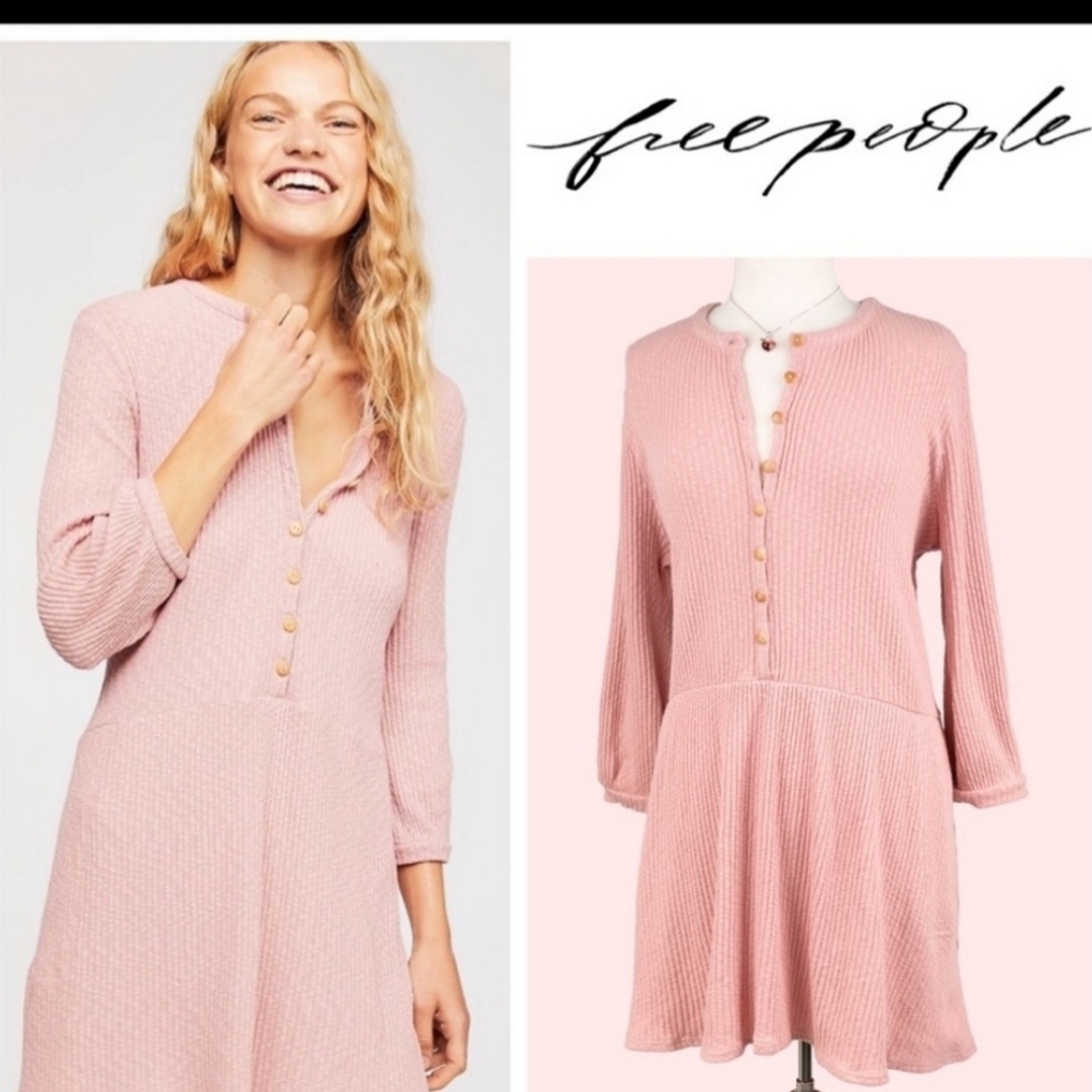 FREE PEOPLE BOHO LONG SLEEVE HENLEY MINI DRESS A3C